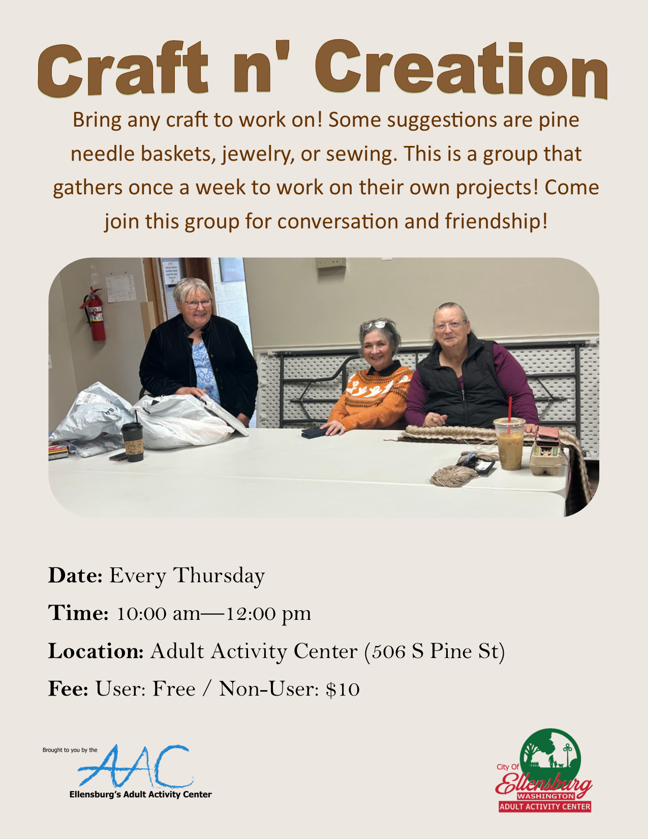 Poster for a craft group event details and a group photo of participants. 