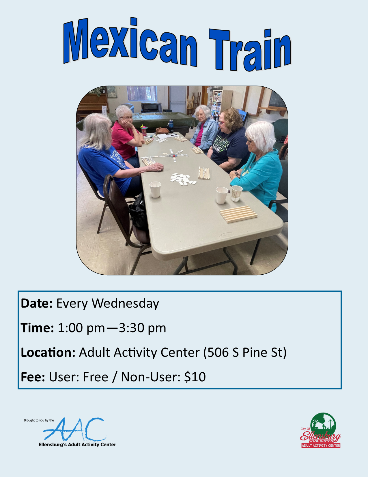 Poster for a Mexican Train game activity featuring an image of people playing dominoes. 