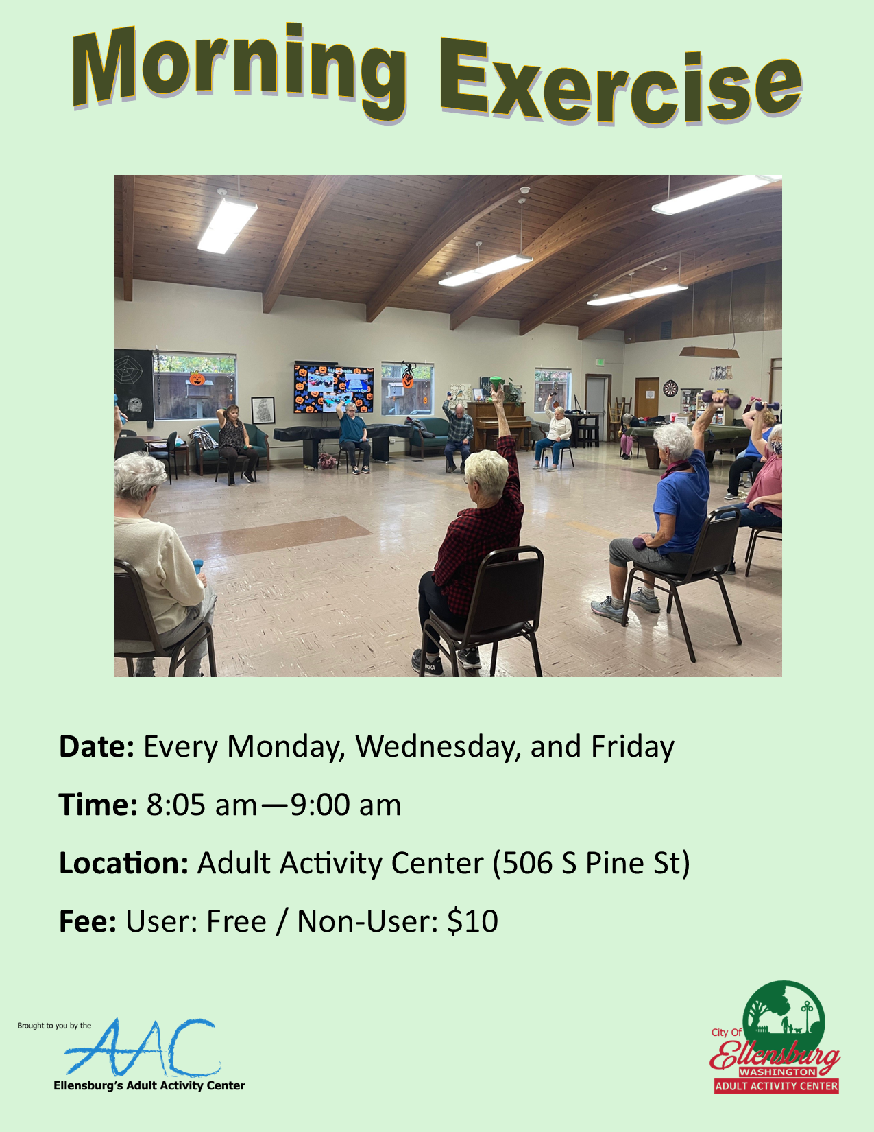 Flyer for a Morning Exercise class featuring a photo of a seated exercise group and class details. 