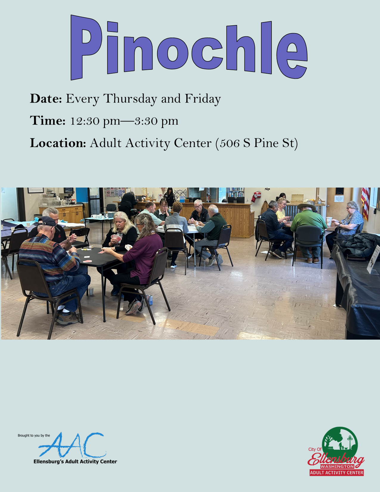 Event poster for a Pinochle game with event details and a photo of participants