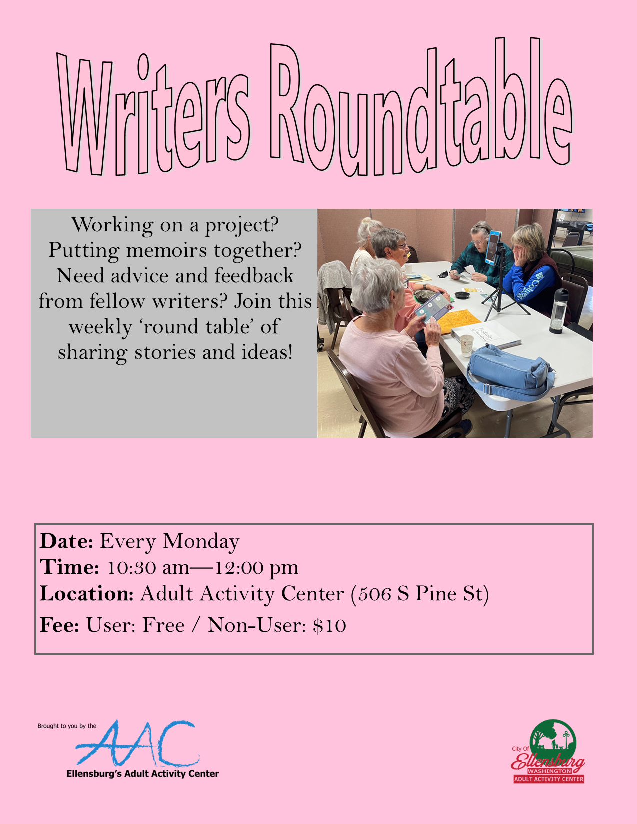 A promotional flyer for a Writers' Roundtable, showcasing photo of the participants. 