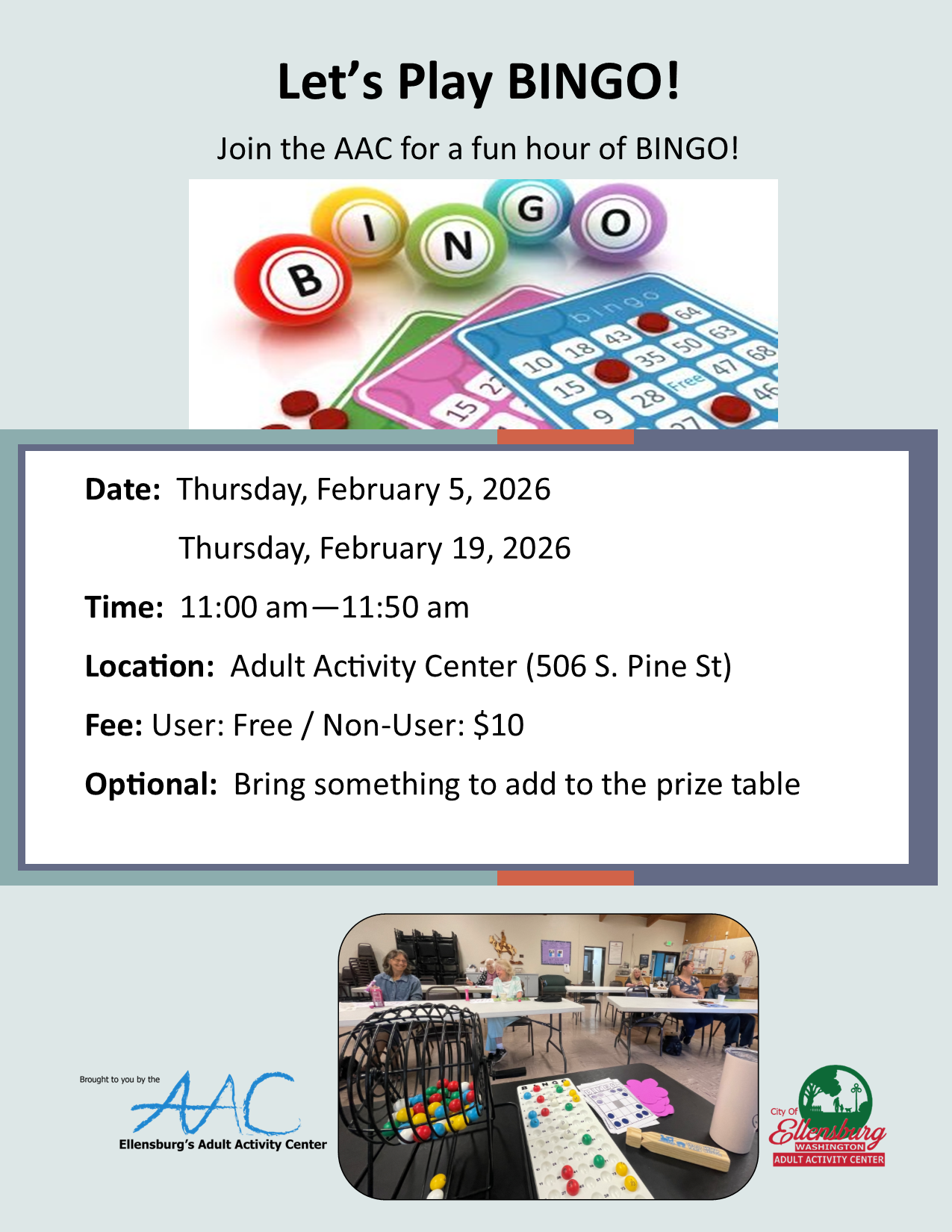 Flyer for a bingo event with details and a photo of bingo supplies and participants. 
