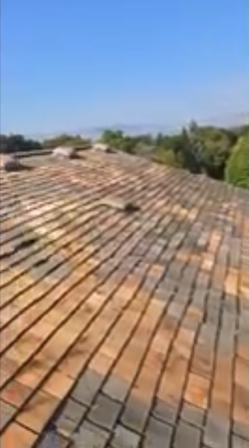 Replacement shingles on the sloped pool roof