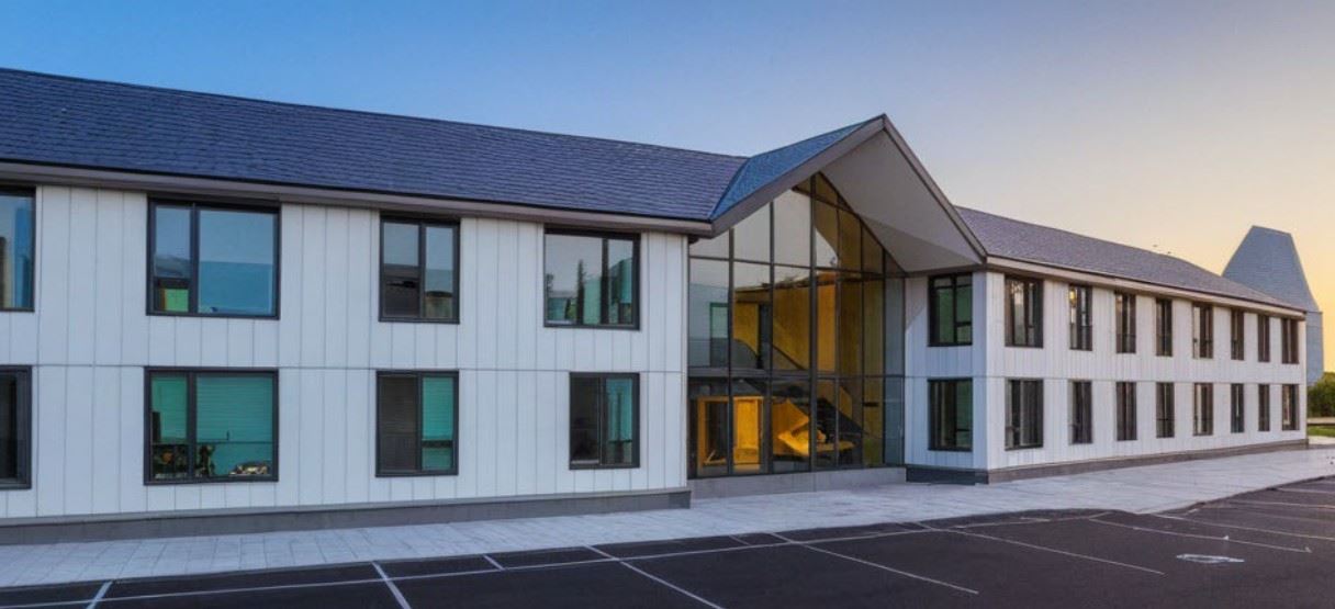 Building rendering showing a two-story building with a great room 